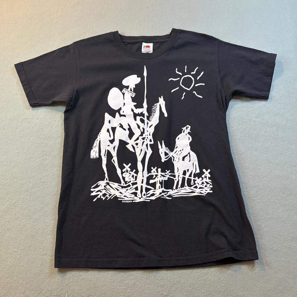 Fruit of the Loom Don Quixote Picasso Sketch Graphic T-Shirt Mens S Black Cotton